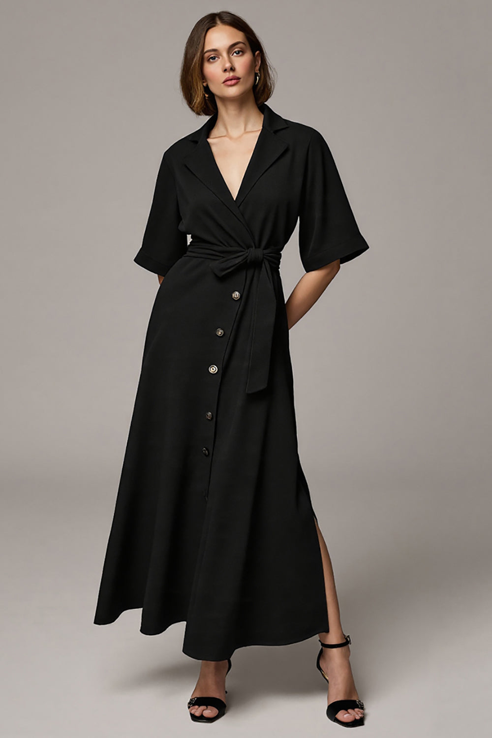 Black Notched Lapel A Line Maxi Buttons Blazer Dress with Sleeves
