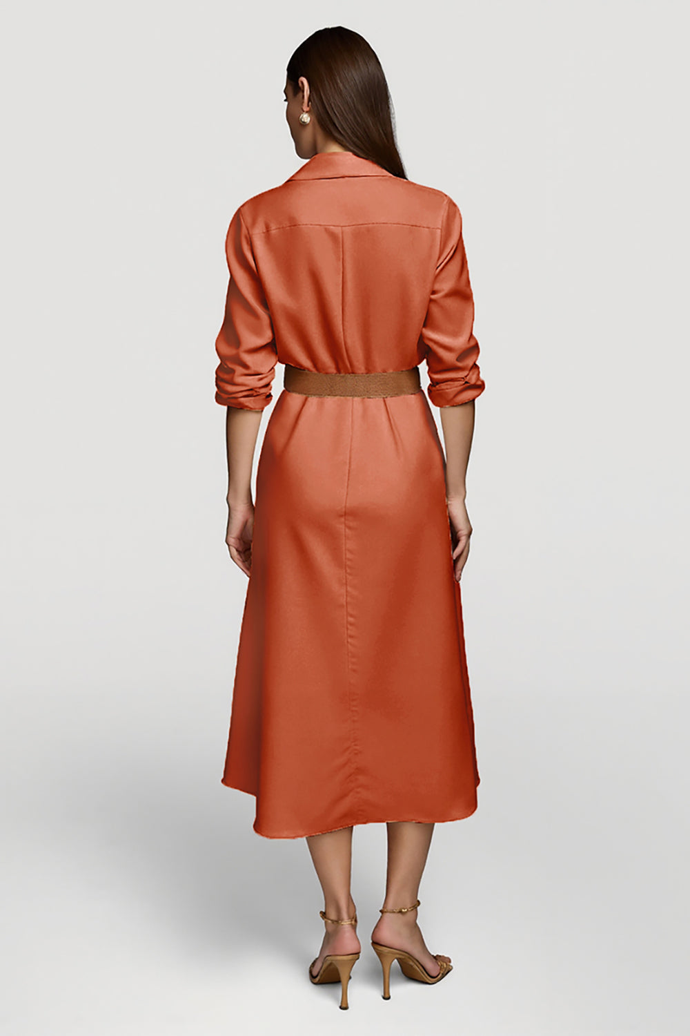 Orange Collar Neck 3/4 Sleeves Midi Shirt Work Dress with Belts