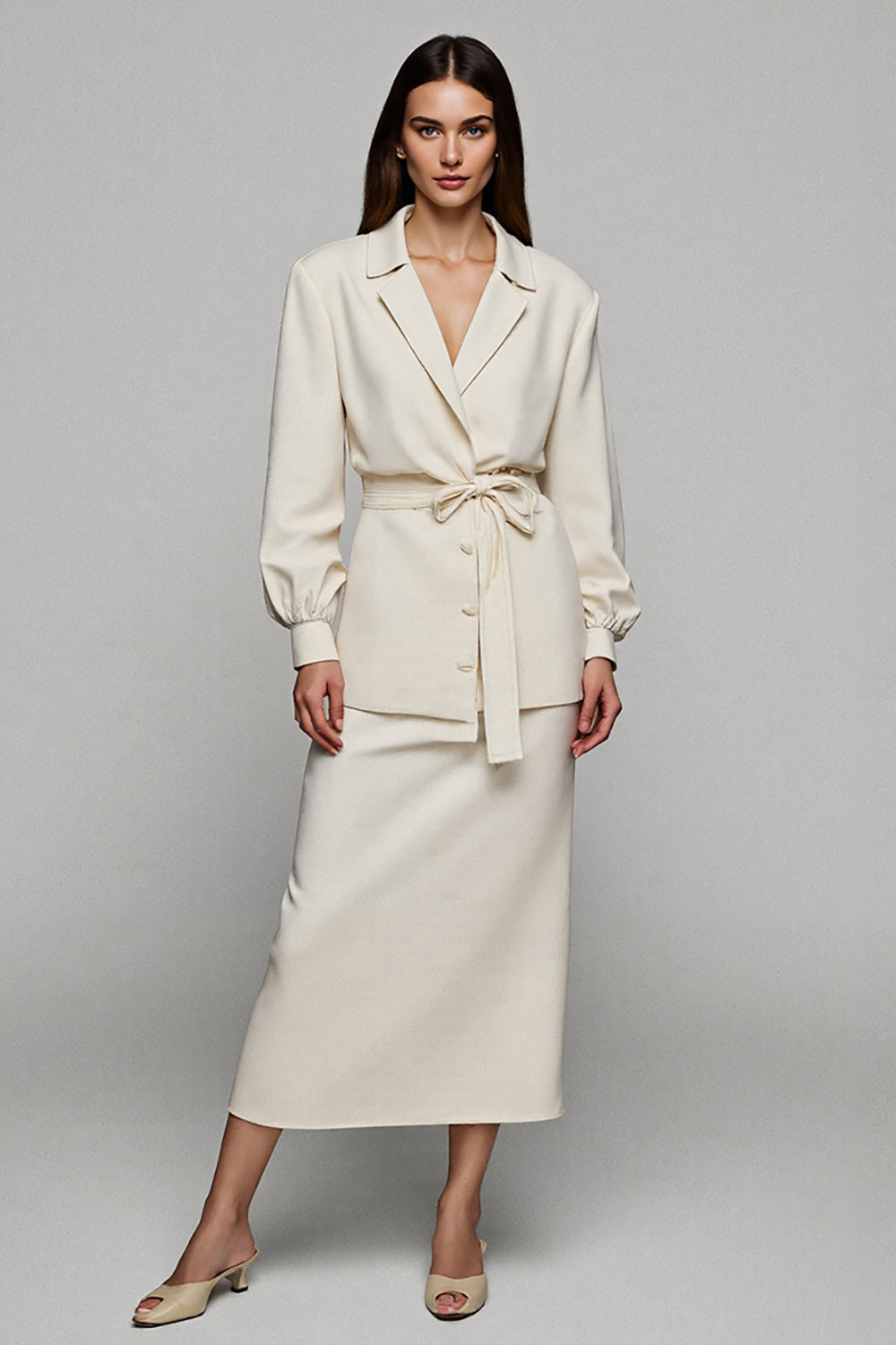 Ivory Notched Lapel 2 Piece Pencil Midi Business Suits with Sleeves