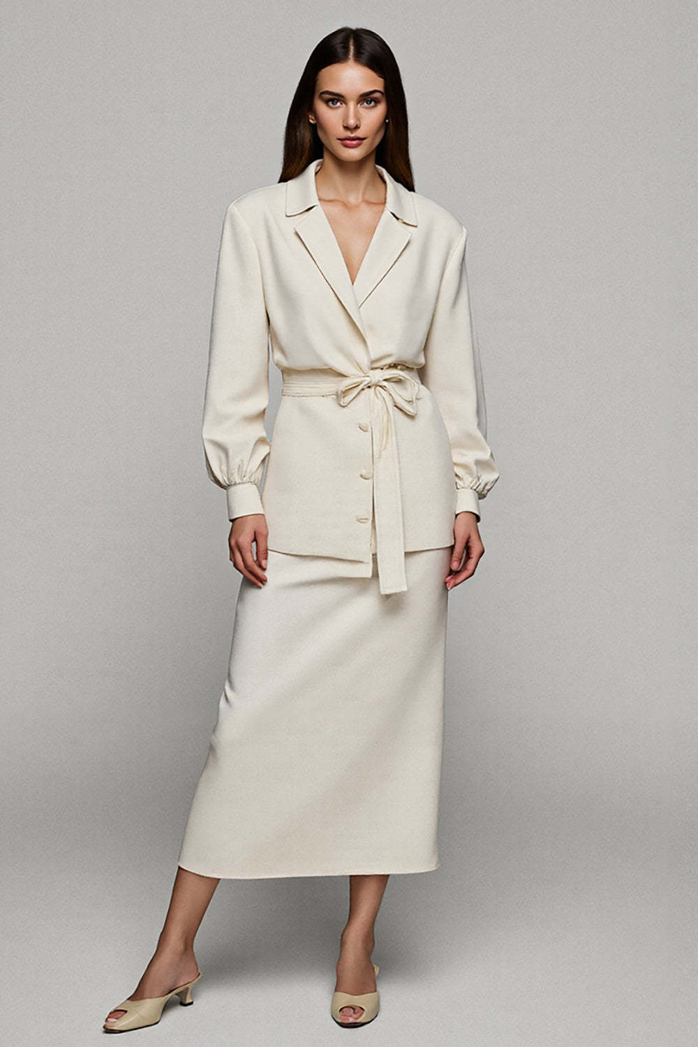 Leely Women Ivory 2 Piece Midi Pencil Business Suits Long Sleeves Notched Lapel Work Suits with Sash