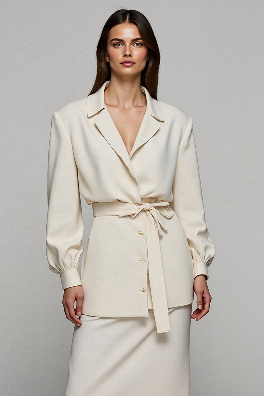 Ivory Notched Lapel 2 Piece Pencil Midi Business Suits with Sleeves