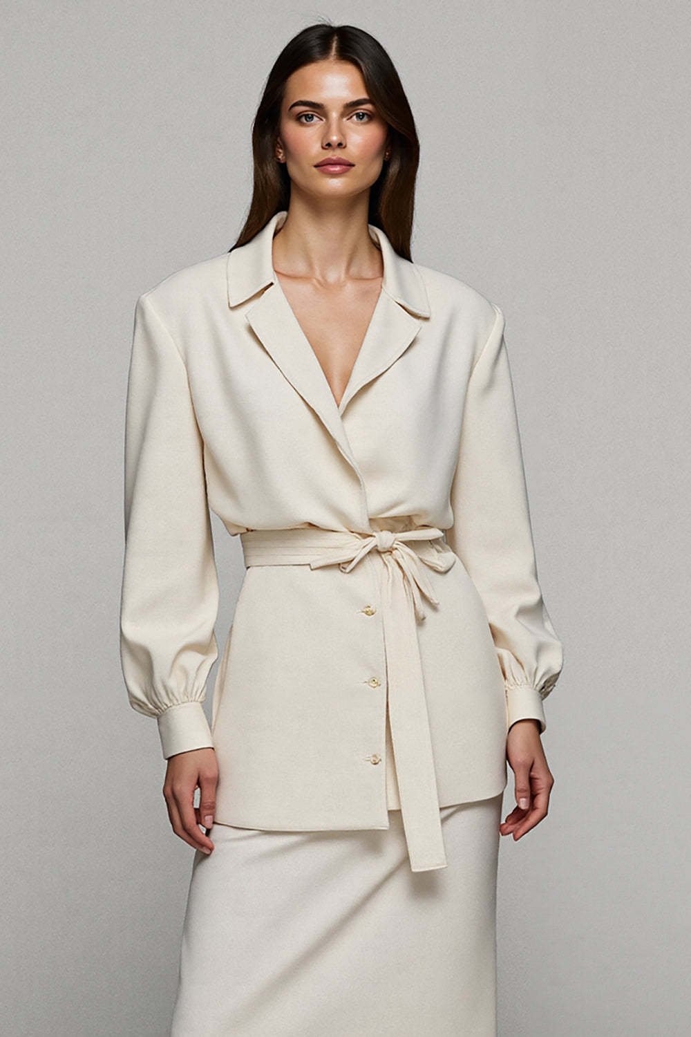Ivory Notched Lapel 2 Piece Pencil Midi Business Suits with Sleeves