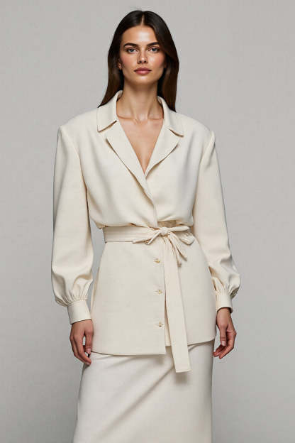 Ivory Notched Lapel 2 Piece Pencil Midi Business Suits with Sleeves