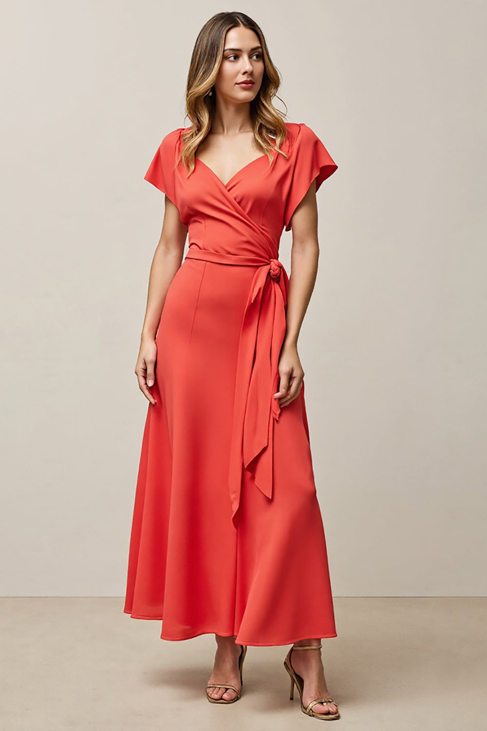 Orange V-Neck A-Line Cap Sleeves Maxi Work Dress with Sash