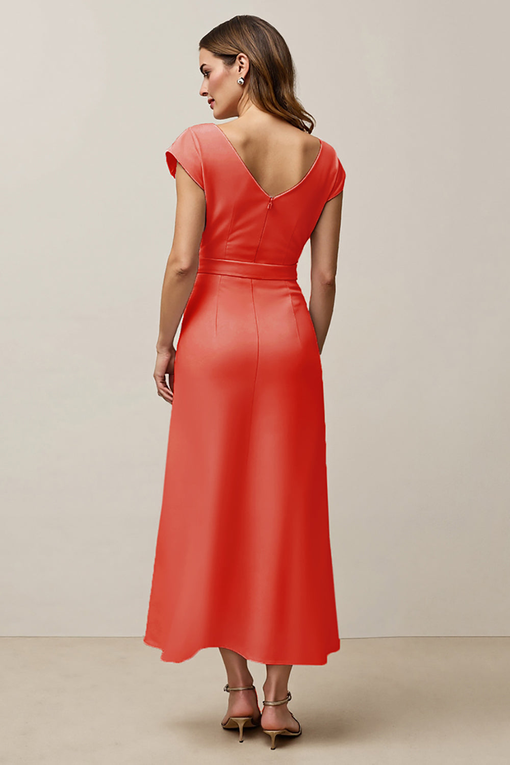 Orange V-Neck A-Line Cap Sleeves Maxi Work Dress with Sash
