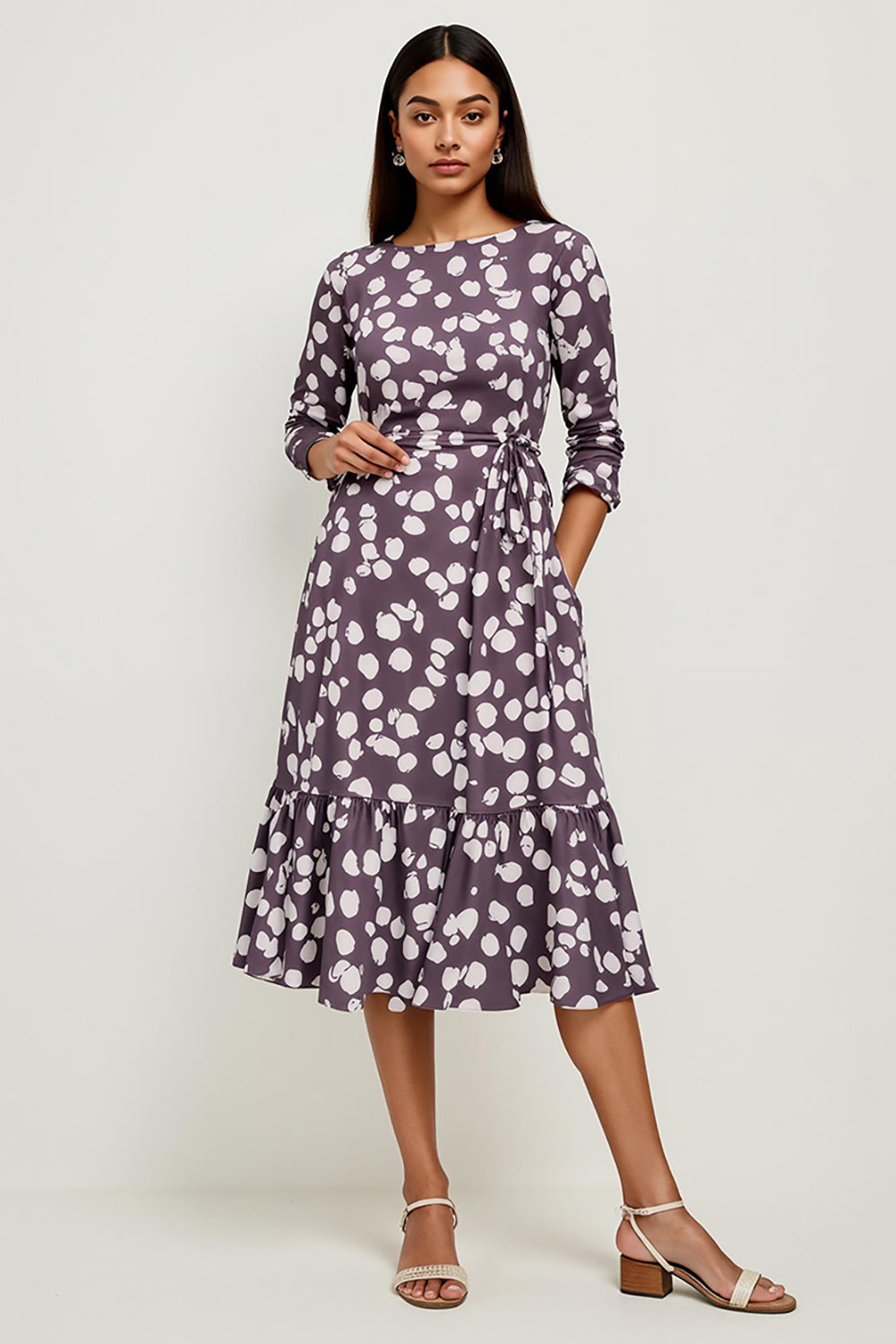 Dark Purple Bateau A Line Printed Midi Work Dress with Sleeves