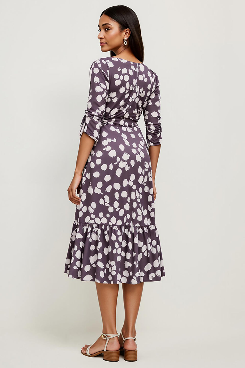 Dark Purple Bateau A Line Printed Midi Work Dress with Sleeves