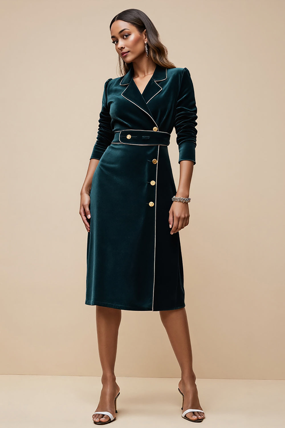 Midi Peacock Blue Velvet Notched Lapel Blazer Dress with Sleeves
