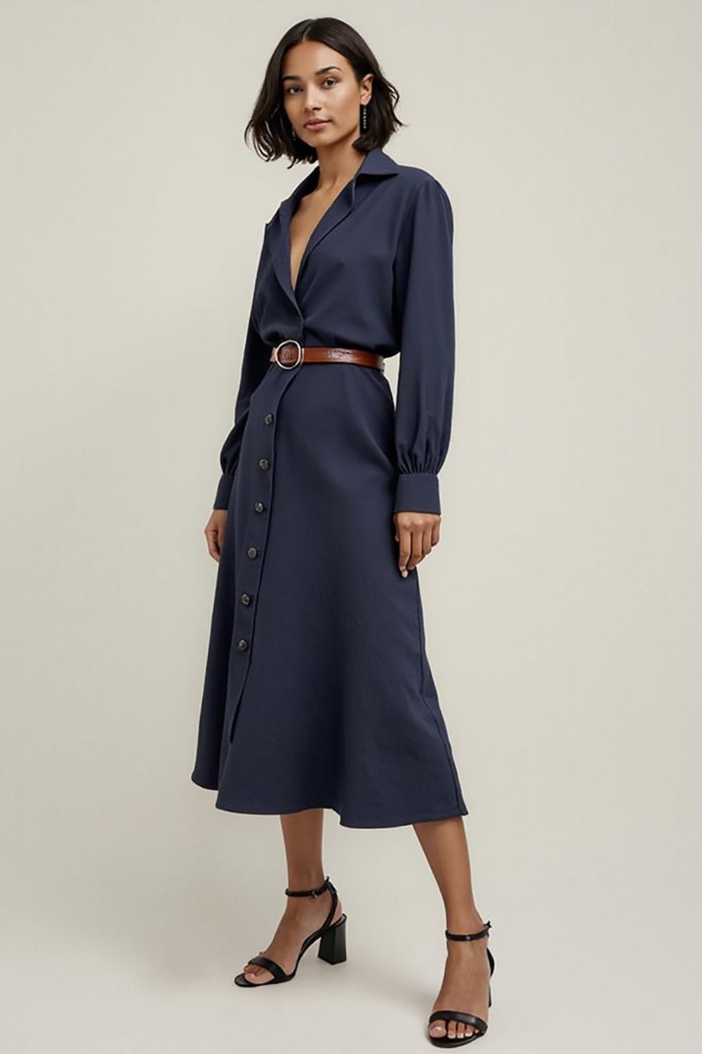 Navy Collar Neck A Line Midi Shirt Work Dress with Sleeves