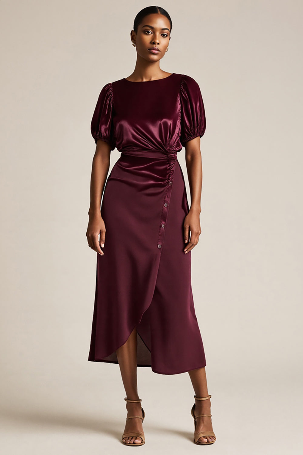 Midi Burgundy Boat Neck Bodycon Work Dress with Sleeves