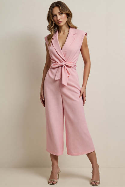 Leely Women Pink Work Jumpsuits with Sash Notched Lapel Sleeveless Interview Jumpsuits