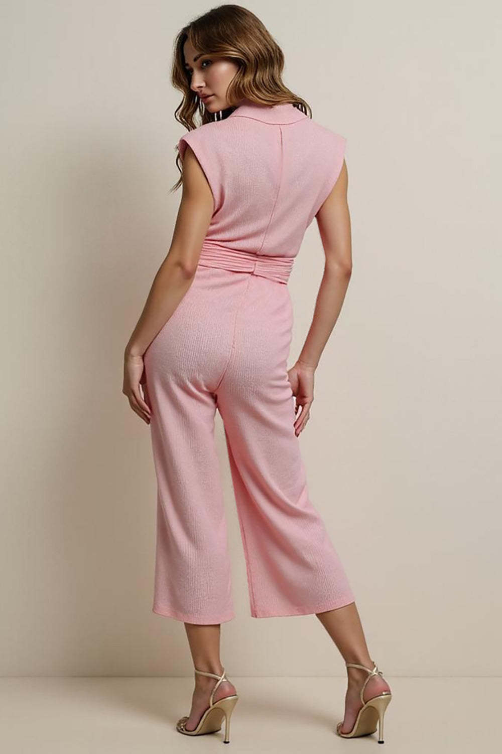 Pink Notched Lapel Sleeveless Work Jumpsuits with Sash