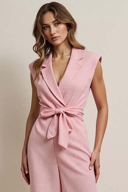 Pink Notched Lapel Sleeveless Work Jumpsuits with Sash