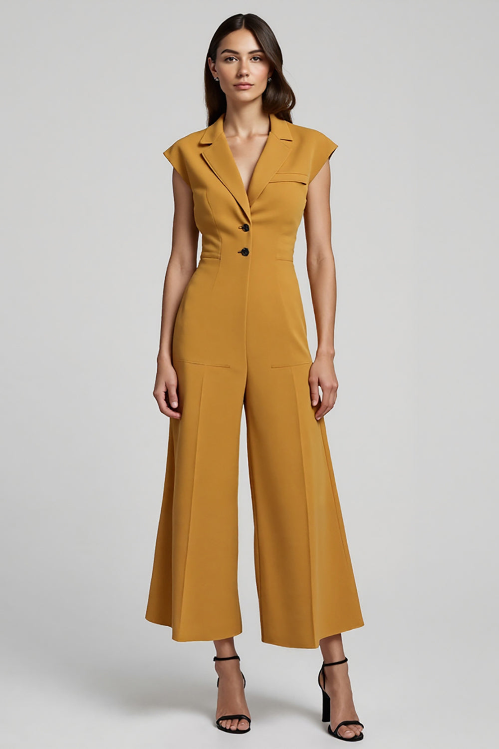Yellow Buttons Notched Lapel Cap Sleeves Ankle Length Work Jumpsuits