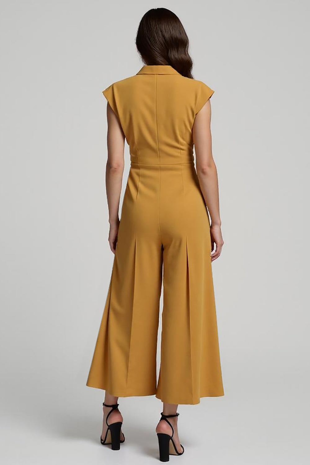 Yellow Buttons Notched Lapel Cap Sleeves Ankle Length Work Jumpsuits