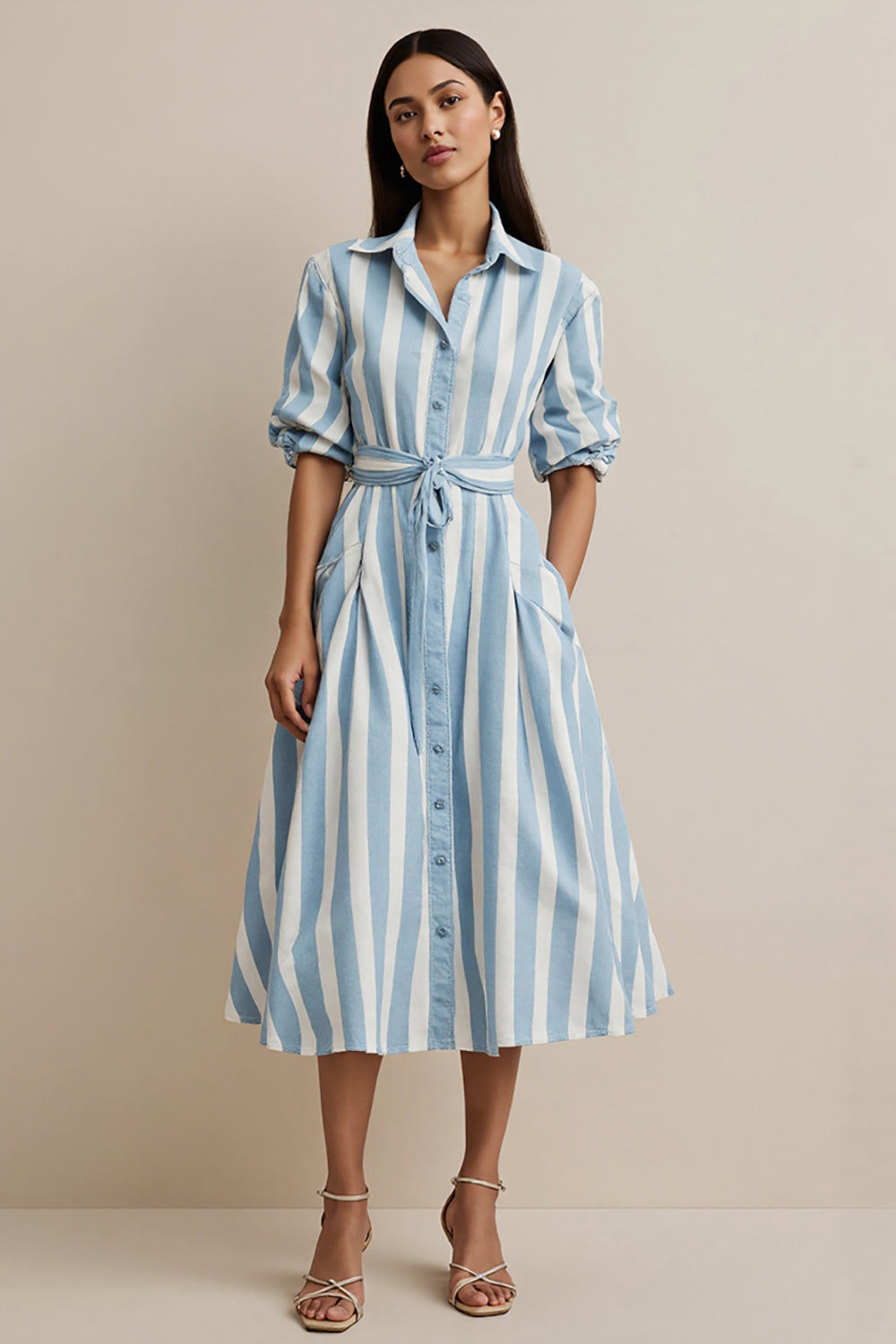 Blue Pockets Collar Neck A Line Midi Shirt Work Dress with Sash