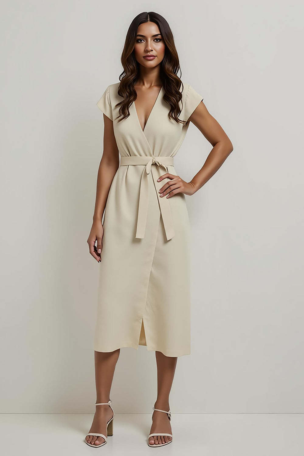 Leely Women Apricot Pencil Midi Work Dress Cap Sleeves V-Neck Satin Interview Dress with Sash