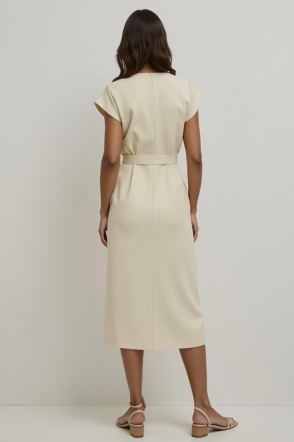 Midi V-Neck Apricot Pencil Work Dress with Sleeves