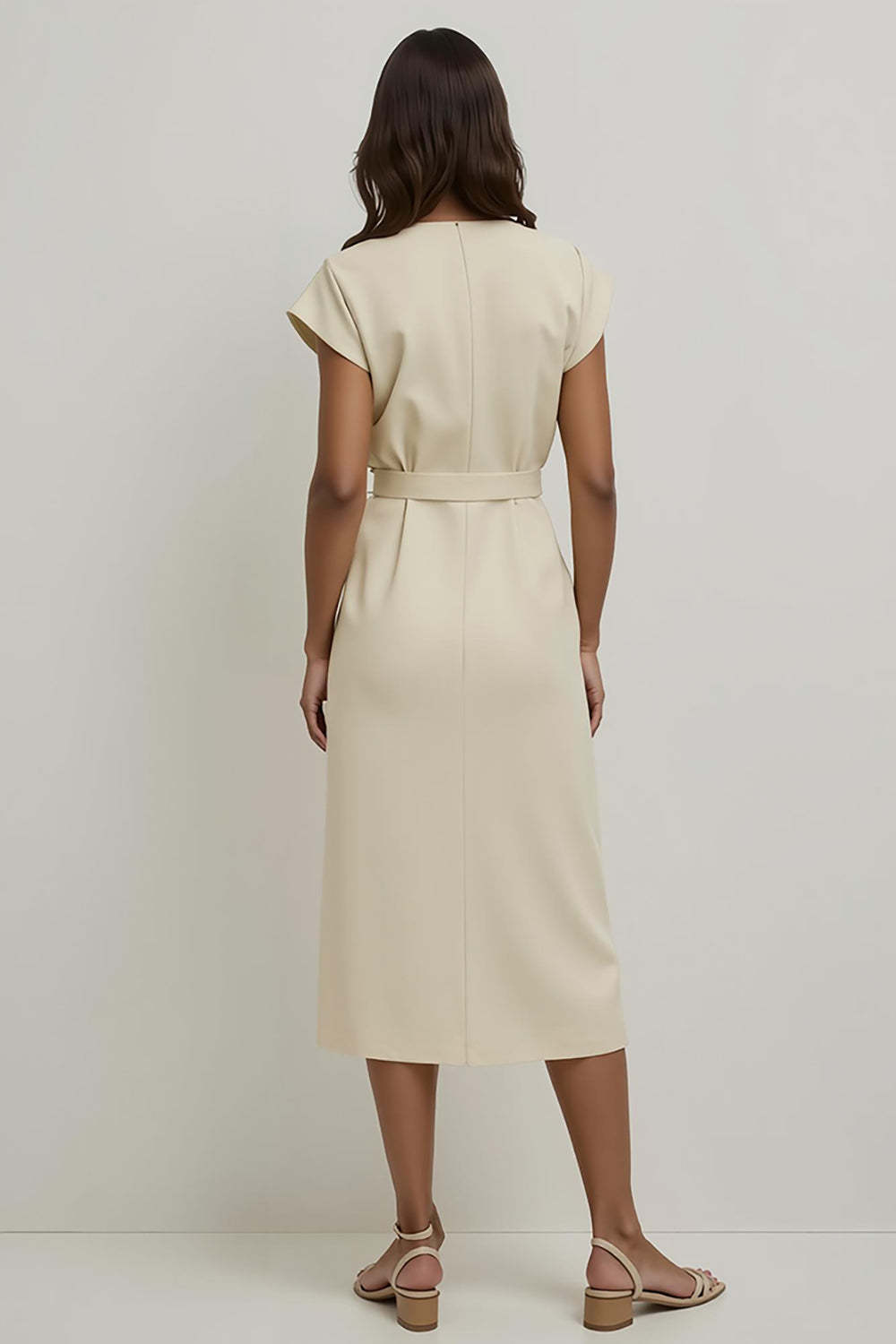 Midi V-Neck Apricot Pencil Work Dress with Sleeves