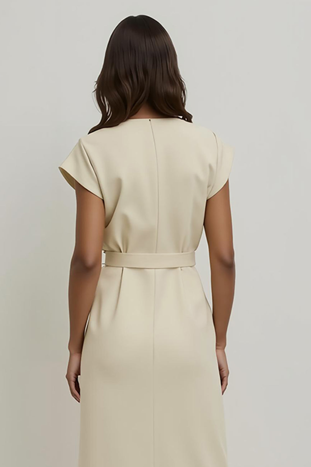 Midi V-Neck Apricot Pencil Work Dress with Sleeves