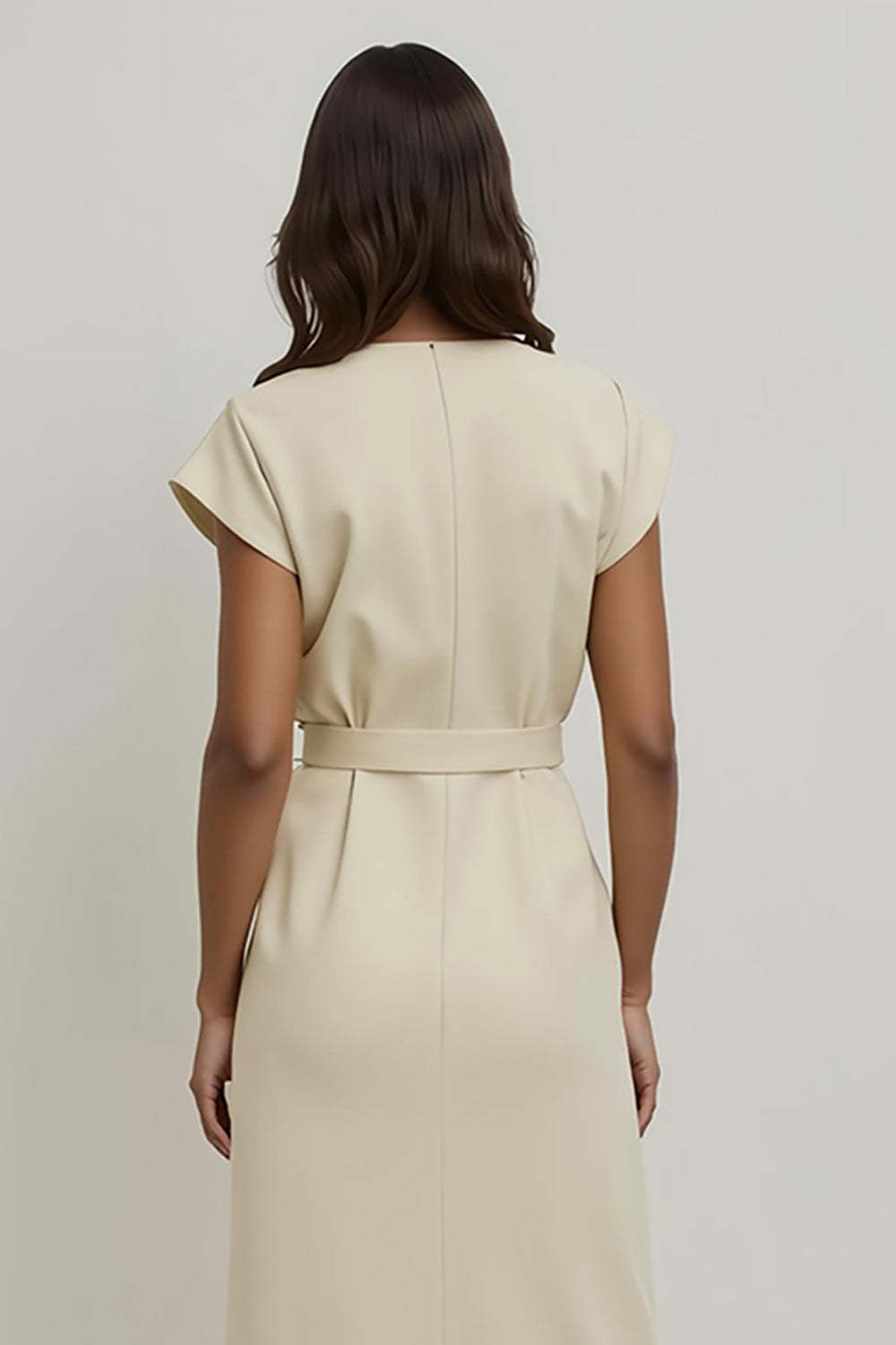 Midi V-Neck Apricot Pencil Work Dress with Sleeves