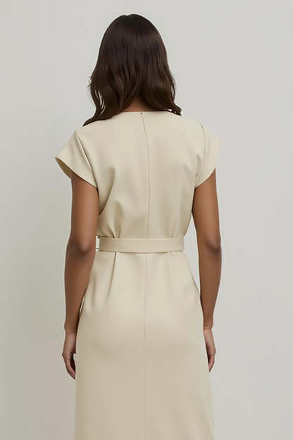 Midi V-Neck Apricot Pencil Work Dress with Sleeves