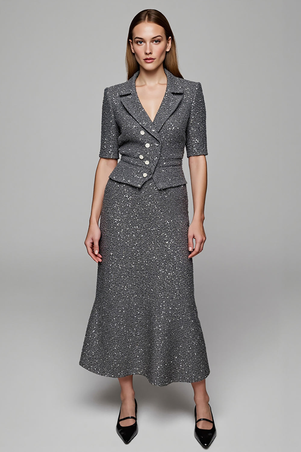 Sparkly Dark Grey 2 Piece Notched Lapel Single Breasted Business Suits