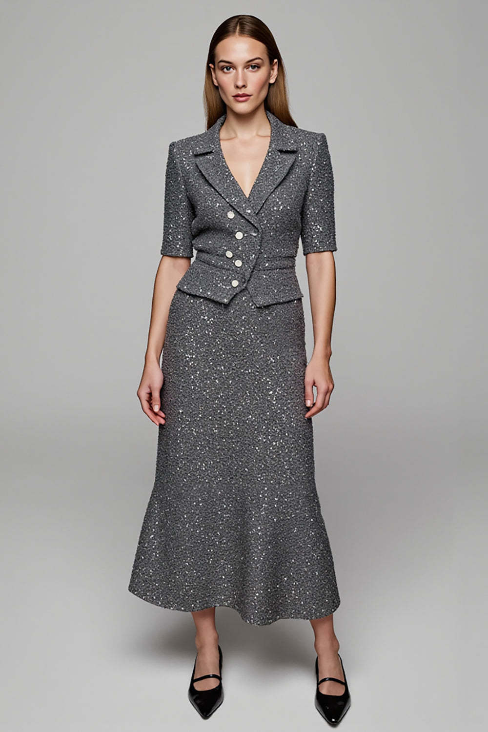 Leely Women Sparkly 2 Piece Dark Grey Sequins Business Suits Half Sleeves Notched Lapel Bodycon Single Breasted Work Suits