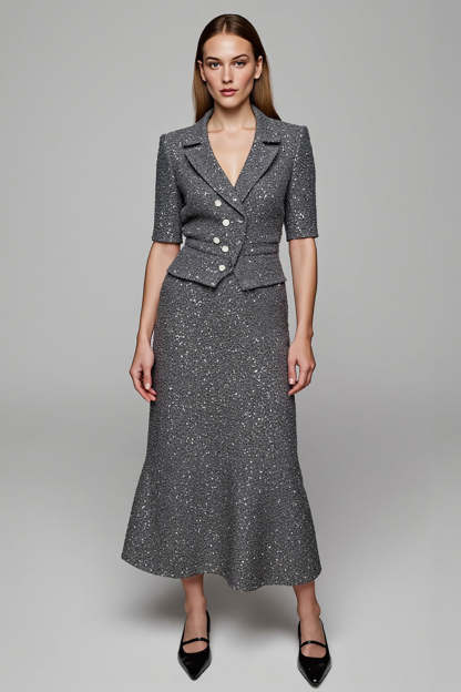 Leely Women Sparkly 2 Piece Dark Grey Sequins Business Suits Half Sleeves Notched Lapel Bodycon Single Breasted Work Suits