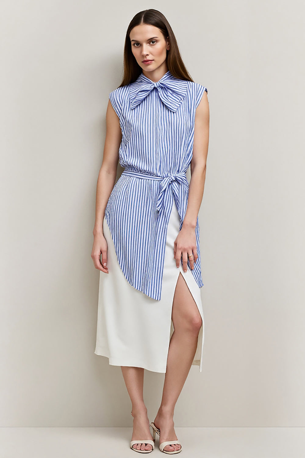 Blue 2 Piece Pencil Bows Midi Blouses and Skirt with Slit