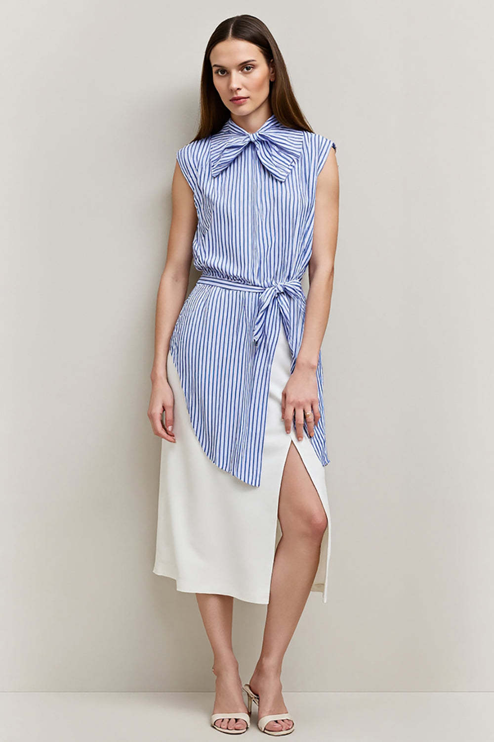 Leely Women Blue Striped Midi 2 Piece Blouses and Skirt with Slit Pencil Bows Work Outfits with Sash