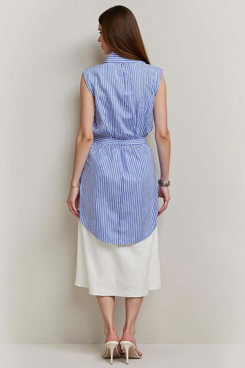 Blue 2 Piece Pencil Bows Midi Blouses and Skirt with Slit