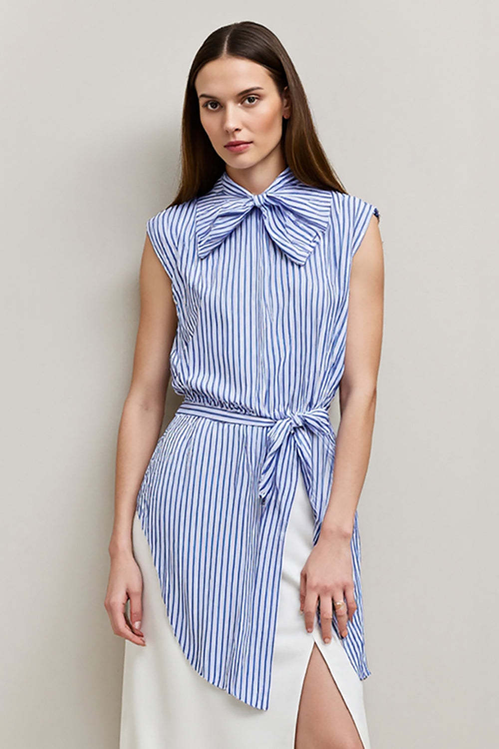 Blue 2 Piece Pencil Bows Midi Blouses and Skirt with Slit