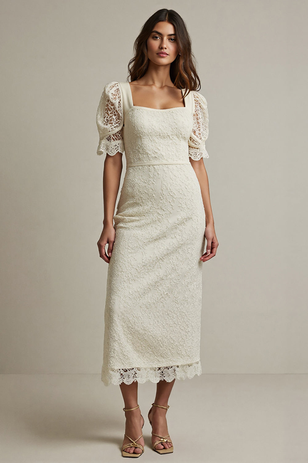 Maxi Apricot Square Neck Pencil Lace Work Dress with Sleeves