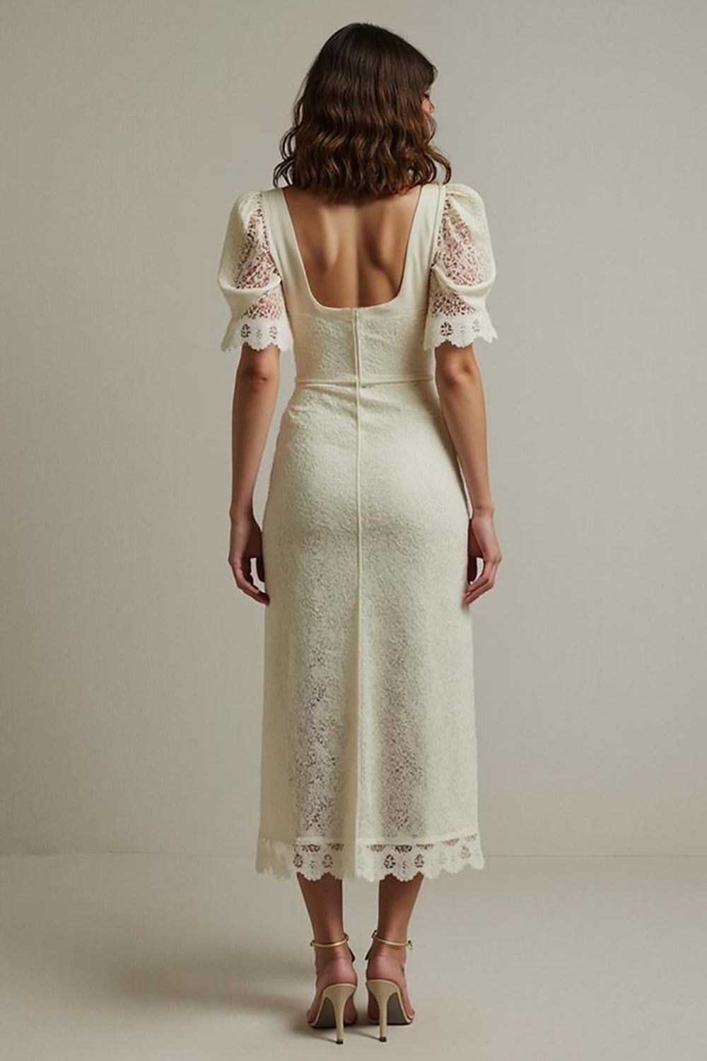Maxi Apricot Square Neck Pencil Lace Work Dress with Sleeves