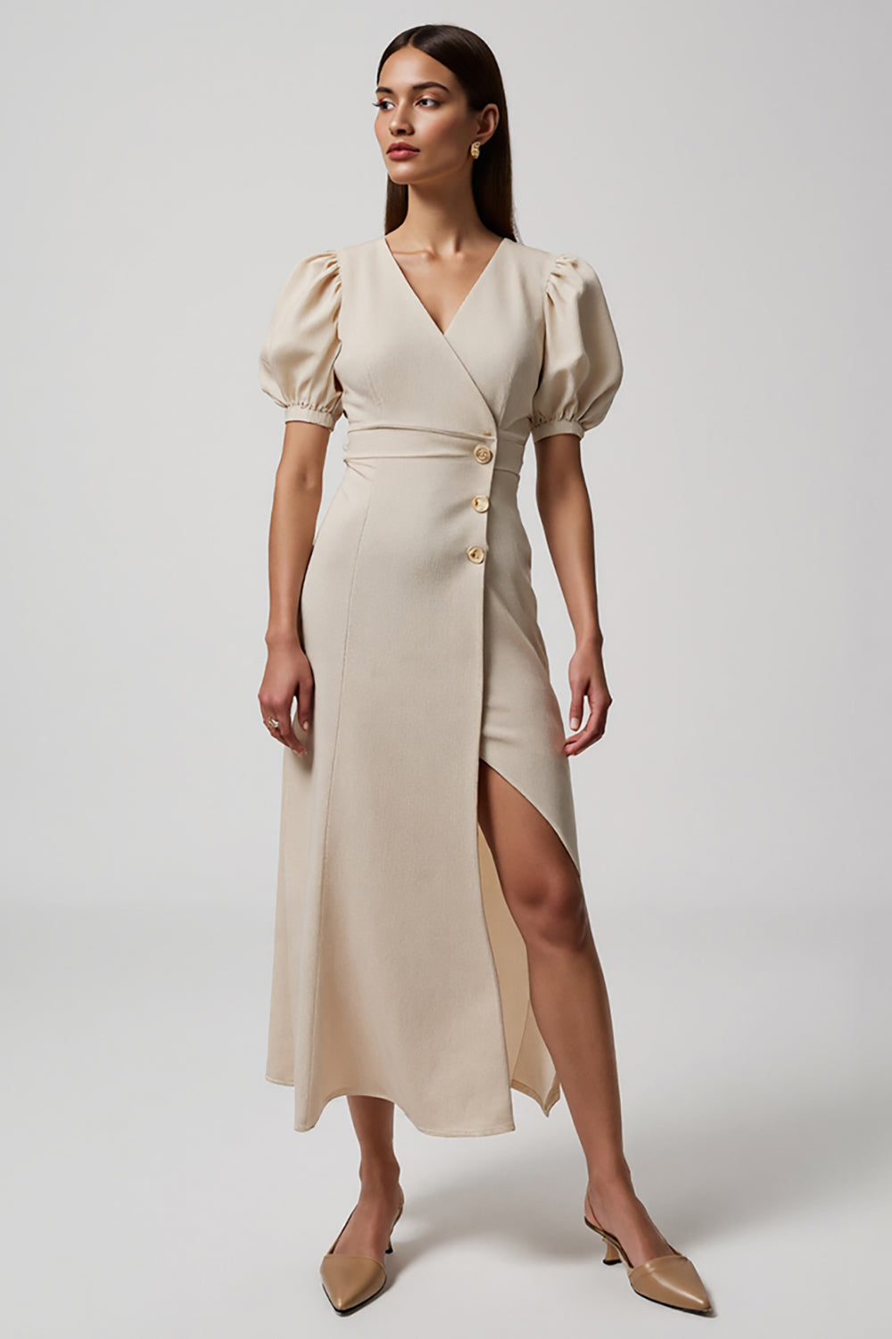Ivory V-Neck Buttons Puff Sleeves Maxi Work Dress with Slit