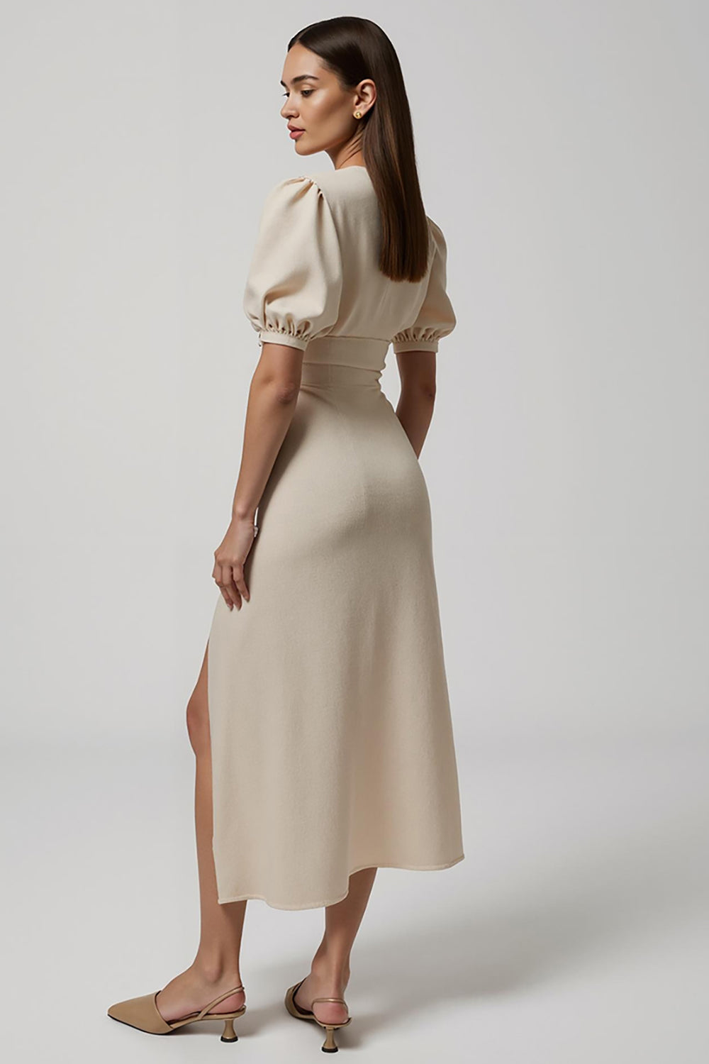 Ivory V-Neck Buttons Puff Sleeves Maxi Work Dress with Slit
