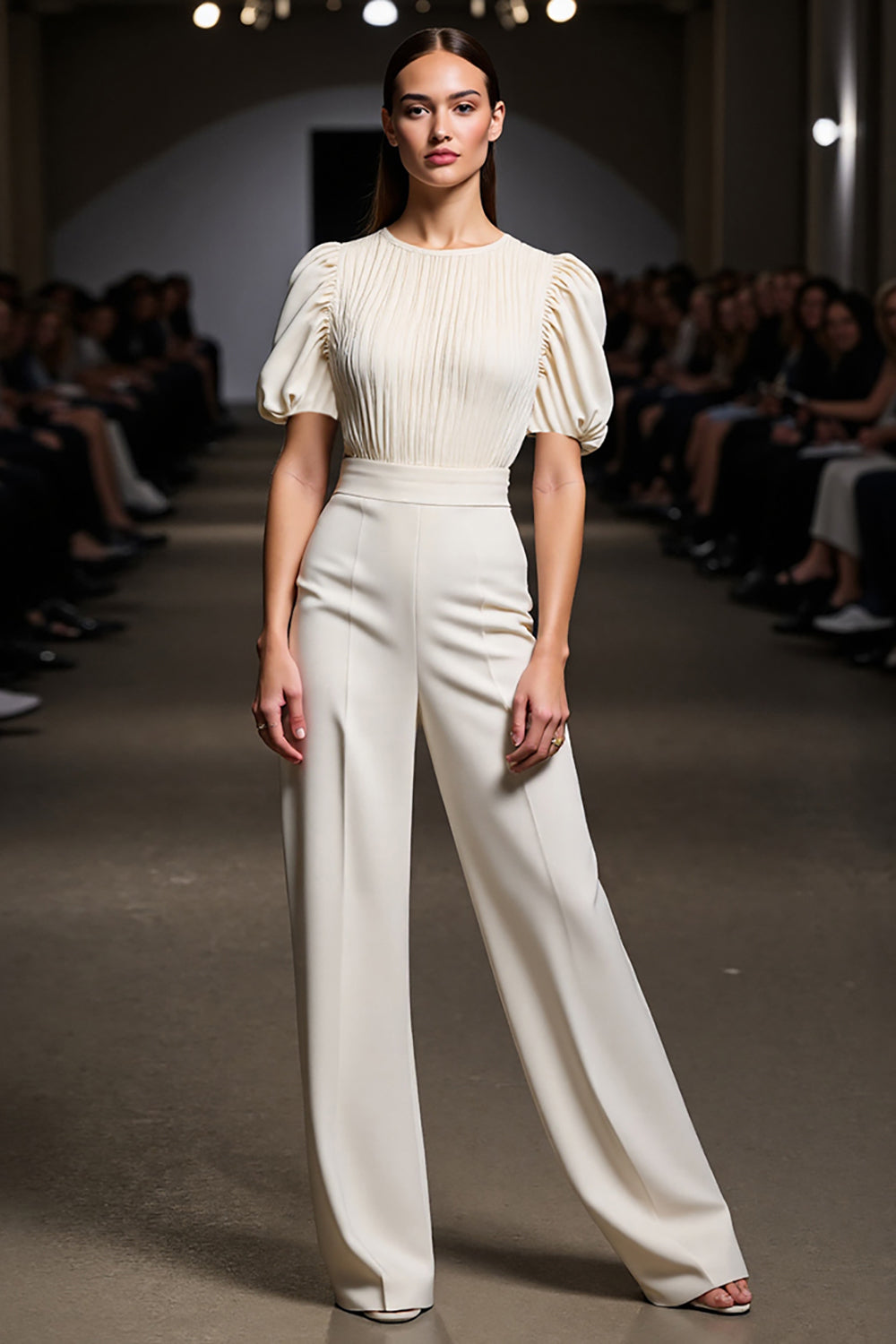 Ivory 2 Pieces Round Neck Maxi Blouses and Pantsuits with Sleeves