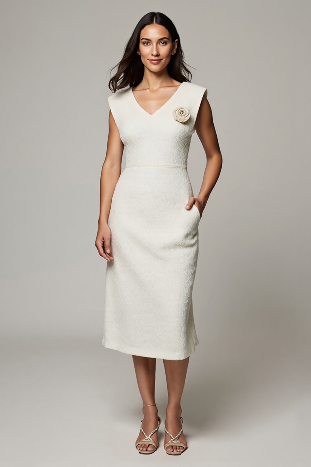 Simple Midi White V-Neck Pencil Work Dress with 3D Flowers