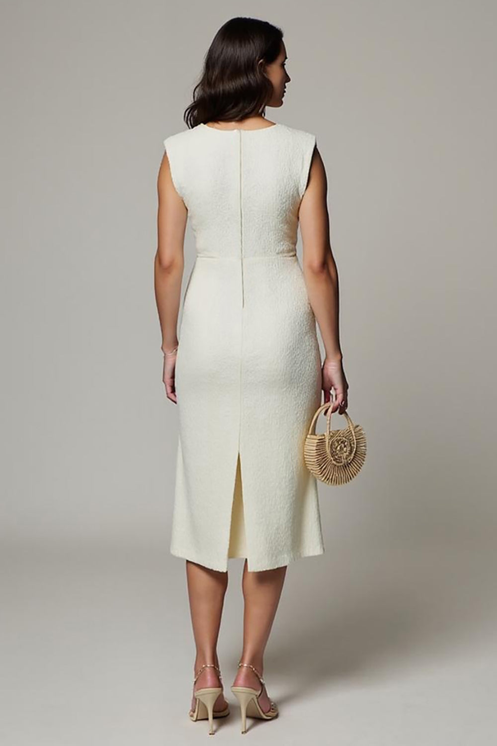 Simple Midi White V-Neck Pencil Work Dress with 3D Flowers
