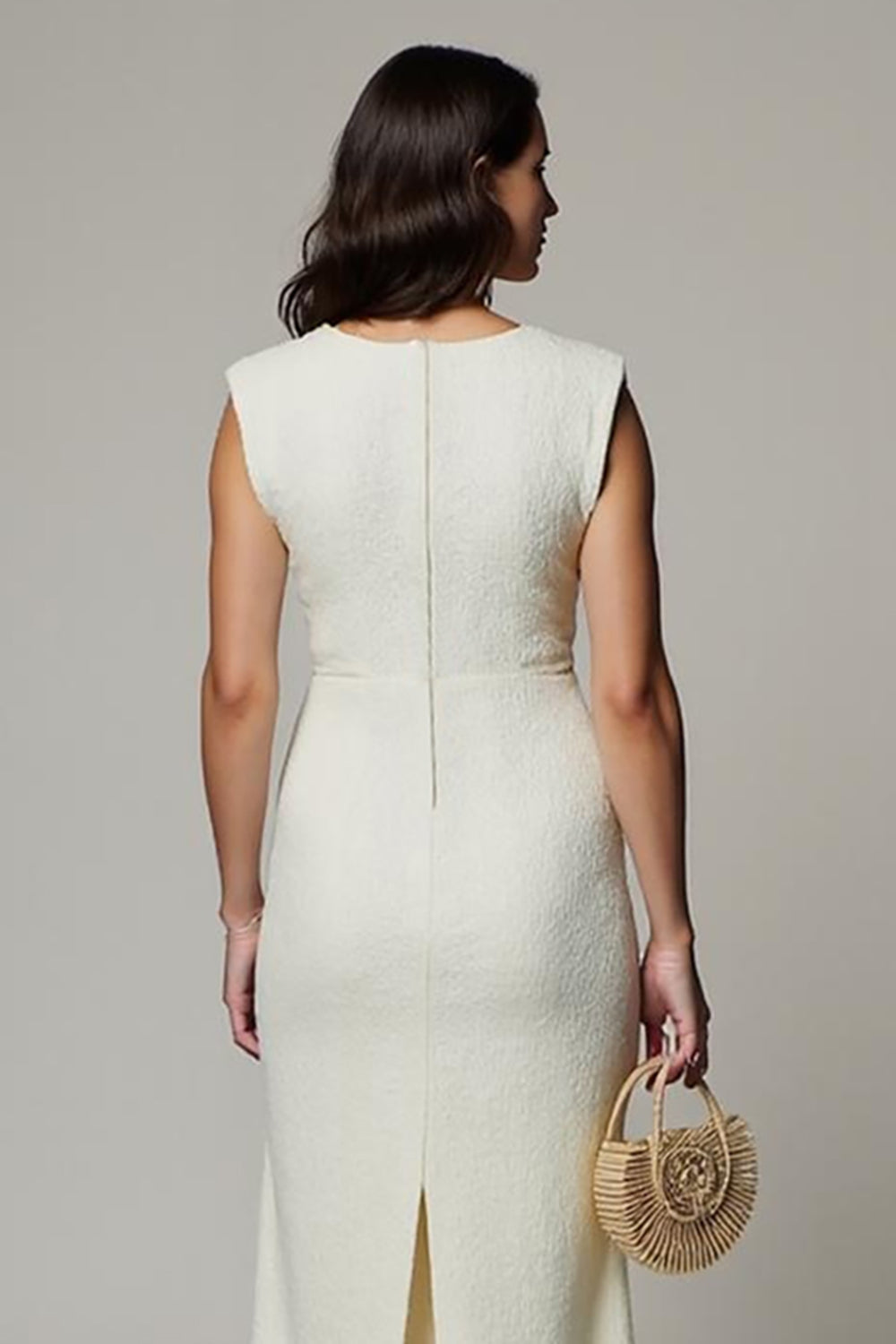Simple Midi White V-Neck Pencil Work Dress with 3D Flowers