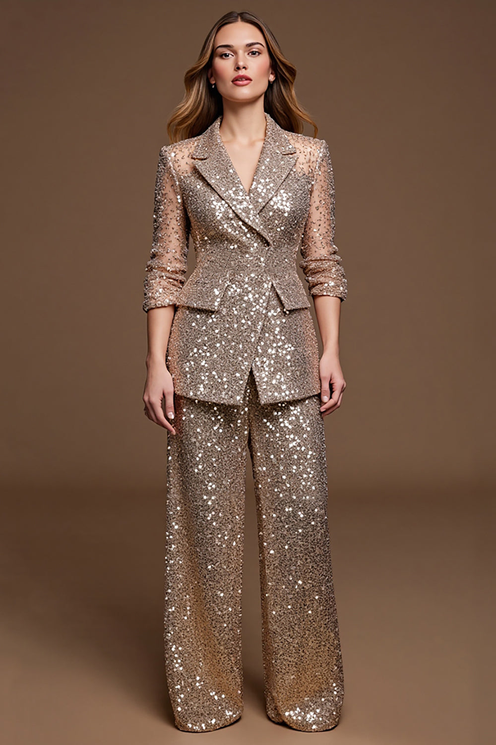 Sparkly Golden Notched Lapel 2 Piece Sequin Women Suits