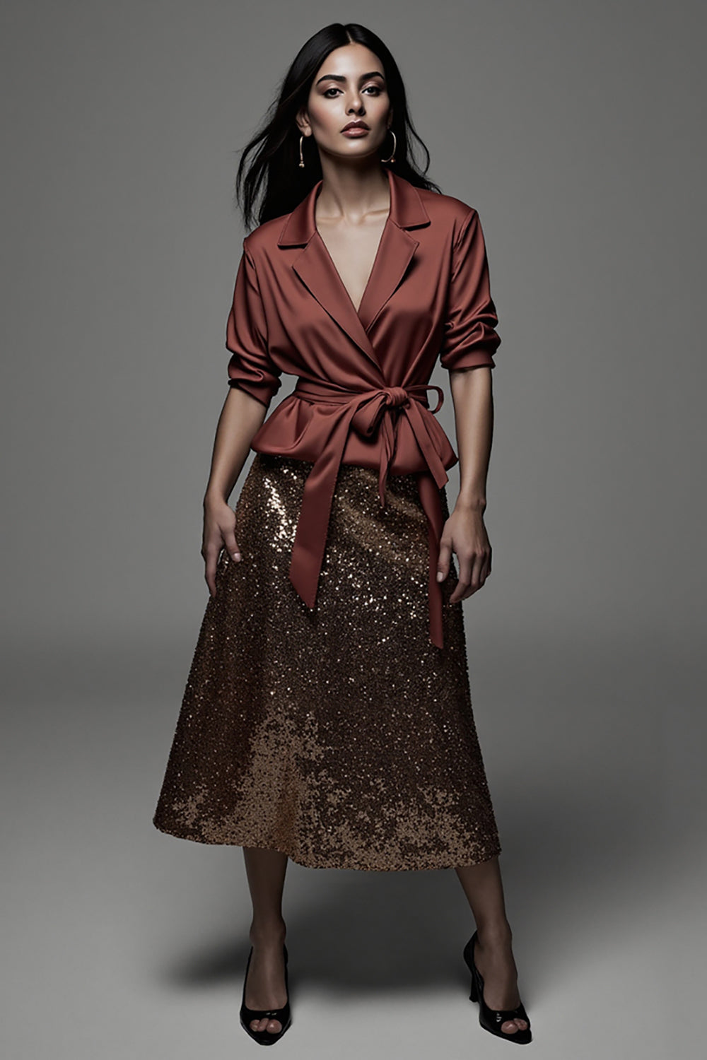 Sparkly 2 Piece Terracotta Notched Lapel Midi Blouses and Skirt with Sash