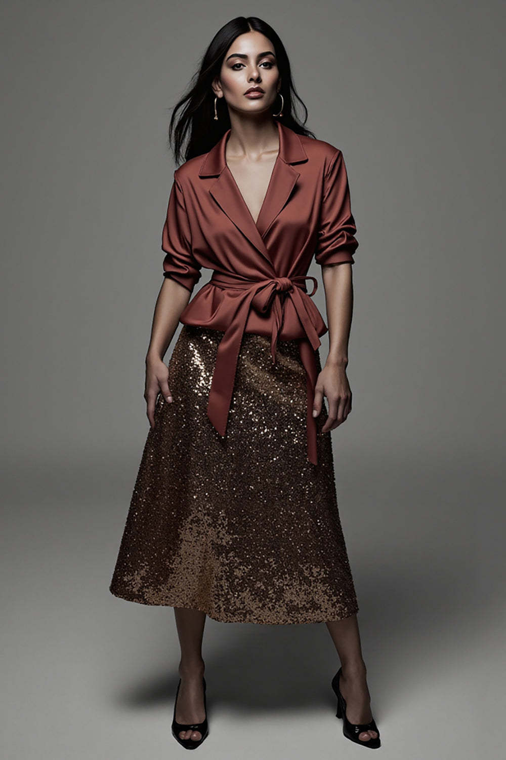 Leely Women Sparkly Terracotta 2 Piece Midi Sequins Blouses and Skirt with Sash Notched Lapel A Line Work Outfits with Sleeves
