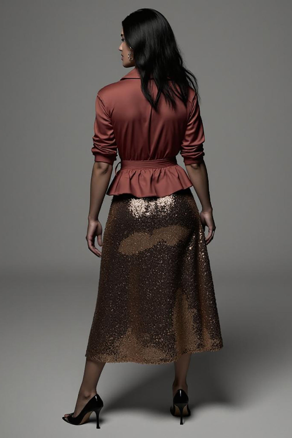 Sparkly 2 Piece Terracotta Notched Lapel Midi Blouses and Skirt with Sash