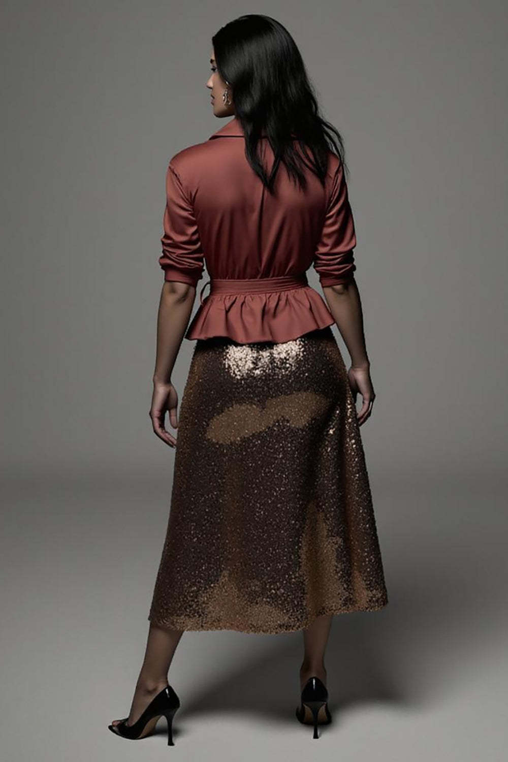 Sparkly 2 Piece Terracotta Notched Lapel Midi Blouses and Skirt with Sash