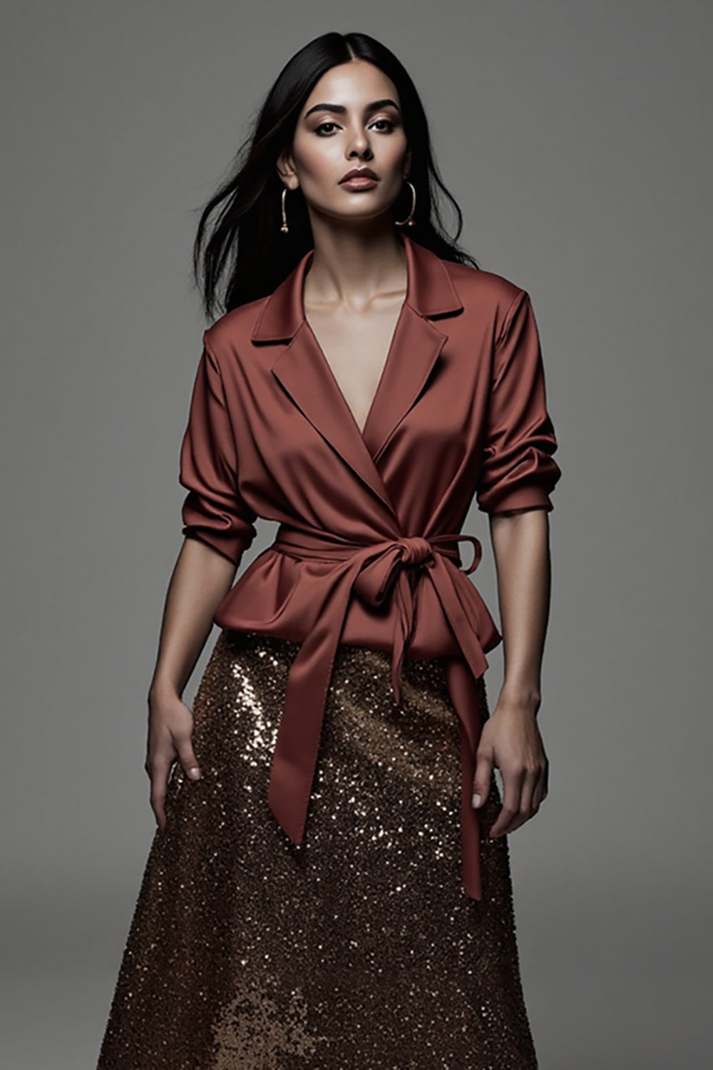 Sparkly 2 Piece Terracotta Notched Lapel Midi Blouses and Skirt with Sash