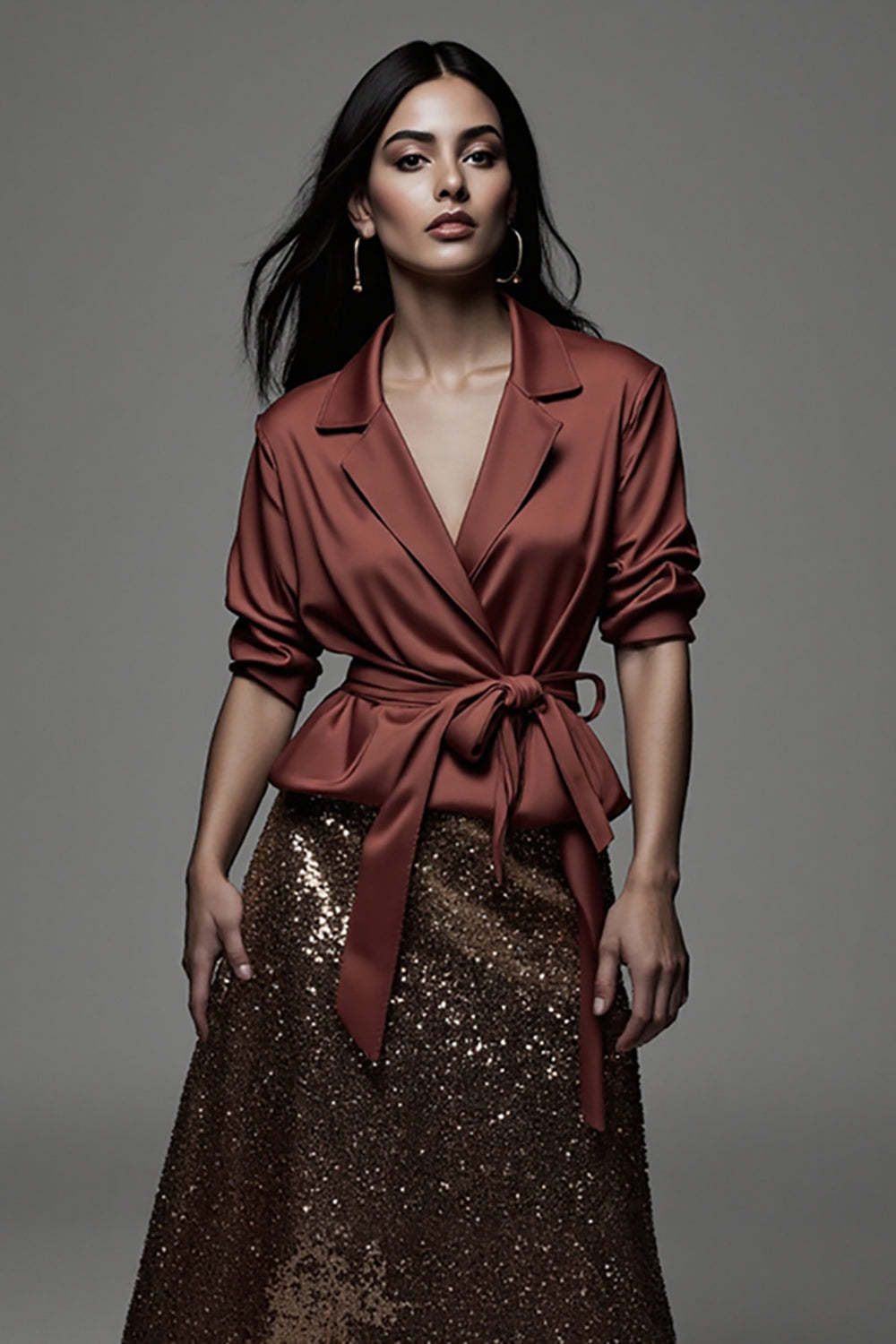 Sparkly 2 Piece Terracotta Notched Lapel Midi Blouses and Skirt with Sash