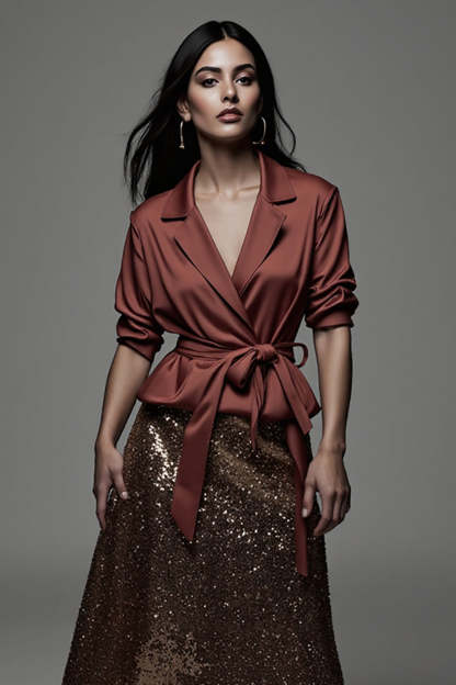Sparkly 2 Piece Terracotta Notched Lapel Midi Blouses and Skirt with Sash
