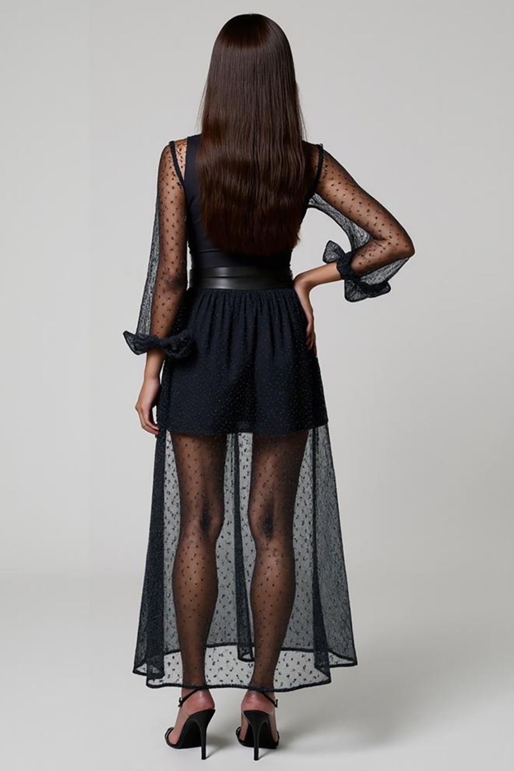 Navy Deep V-Neck Sheer Sleeves A-Line Long Work Dress